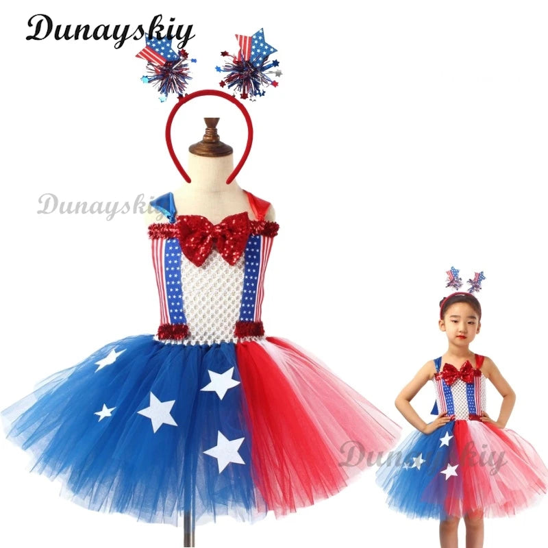 American Flag Sequin Bow Cosplay Costume Girls Tutu Dress USA Independence Day Stars Carnival Holiday Outfit Patriotic Clothes