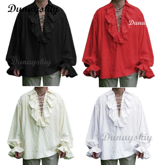 Medieval Adults Renaissance Costume Ruffled Shirts Long Sleeve Lace Up Steampunk Pirate Men Shirt Cosplay Stage Costume forWomen