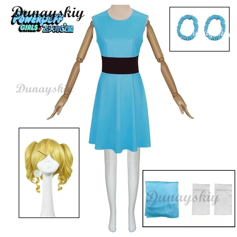Powerpuff Cosplay Girls Costume Dress Set Blossom Buttercup Bubbles Costume Dress Women  Belt Set Halloween Fancy Dress