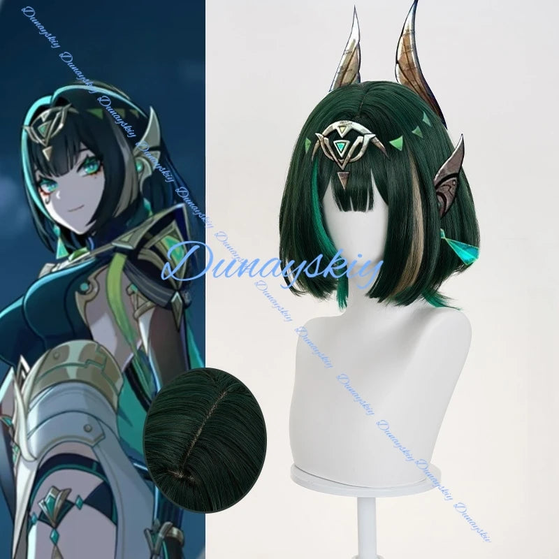 Genshin Impact Lunecrest Chant Nephora Cosplay Wig Woman Character Green Short Hair Heat Resistant Fiber Halloween Wigs