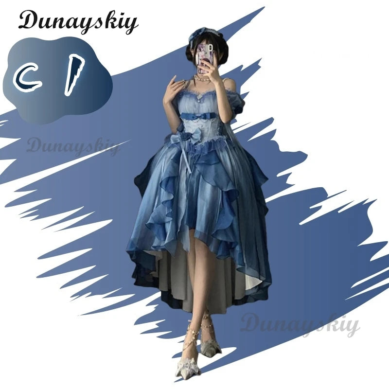 Blue Flower Wedding Dress Cos Lolita Dress Lolita Heavy Industry Trail Puffy Princess Dress Bow Lolita Cosplay Customized