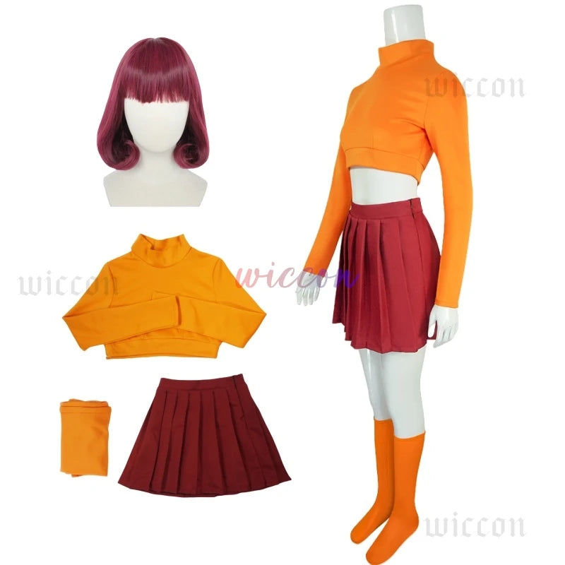 Anime Velma Seragam Cosplay Kostum Orange Short Skirt Uniform Wanita Oranye Kaus Kaki Rok Atas Halloween Party Carnival Set