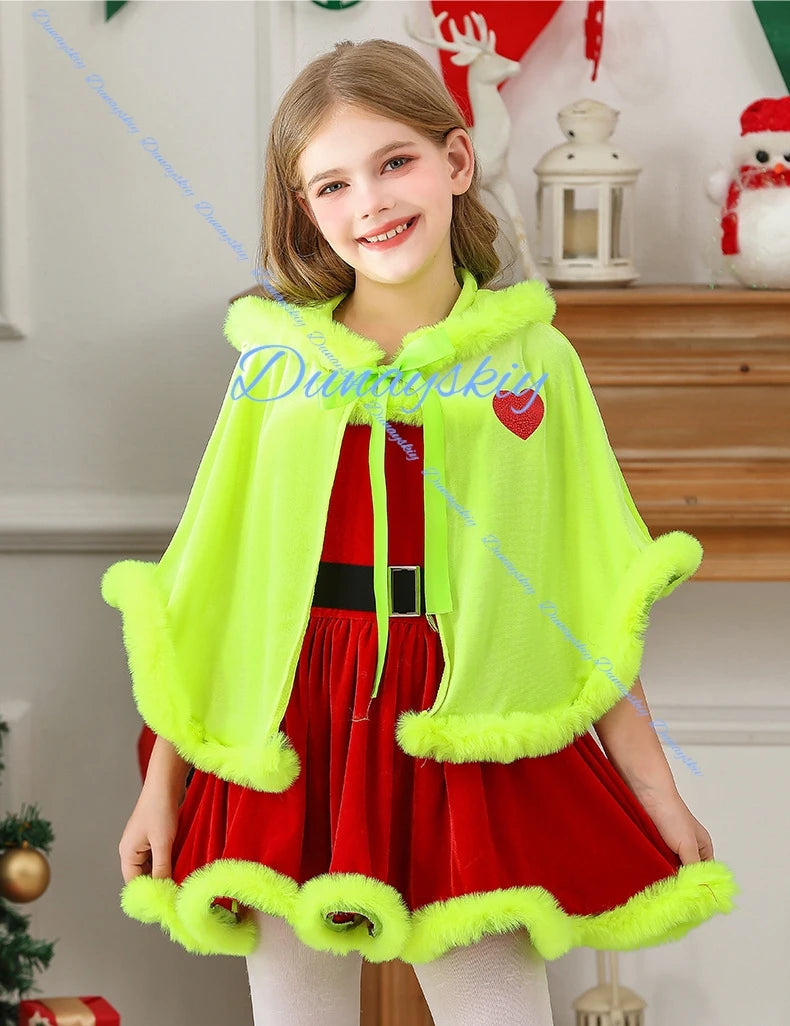 Kids Themed Christmas Costume Dress Green Cape Red Dress Style Santa Children Clothing Christmas Party Outfit costume