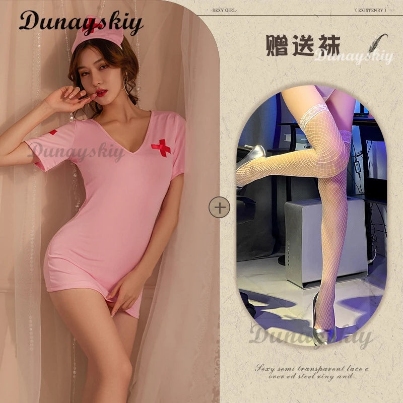 Temptation Nurse Outfit Cosplay Costume Sex Underwear Hip-Length Pink Black White Sexy Hot Nurse Lingerie Cosplay Women Charming