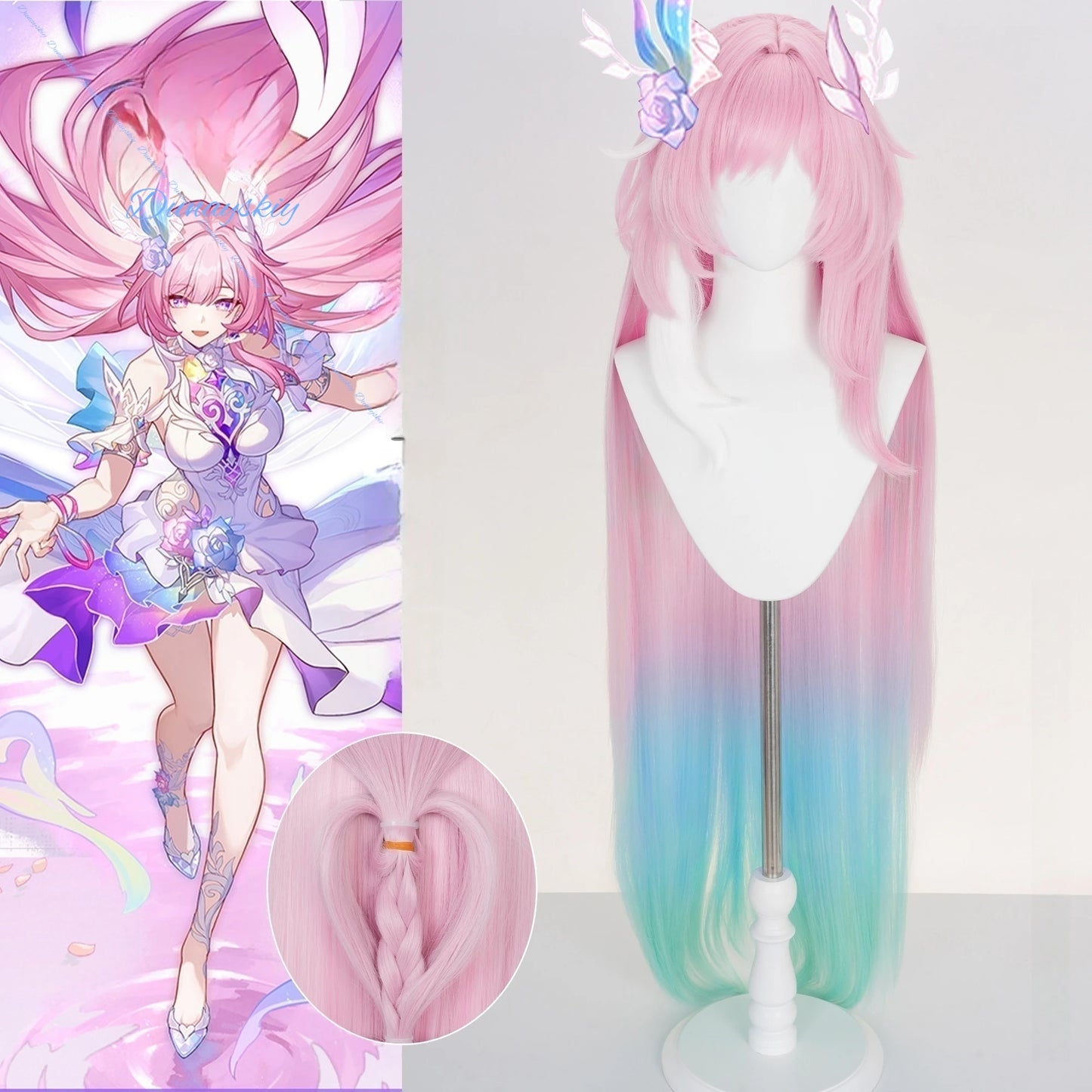 Game Honkai Star Rail Cyrene Cosplay Wig Pink Blue Long Hair Headwear Elysia Amphoreus 120cm Women Girls Halloween Party Props