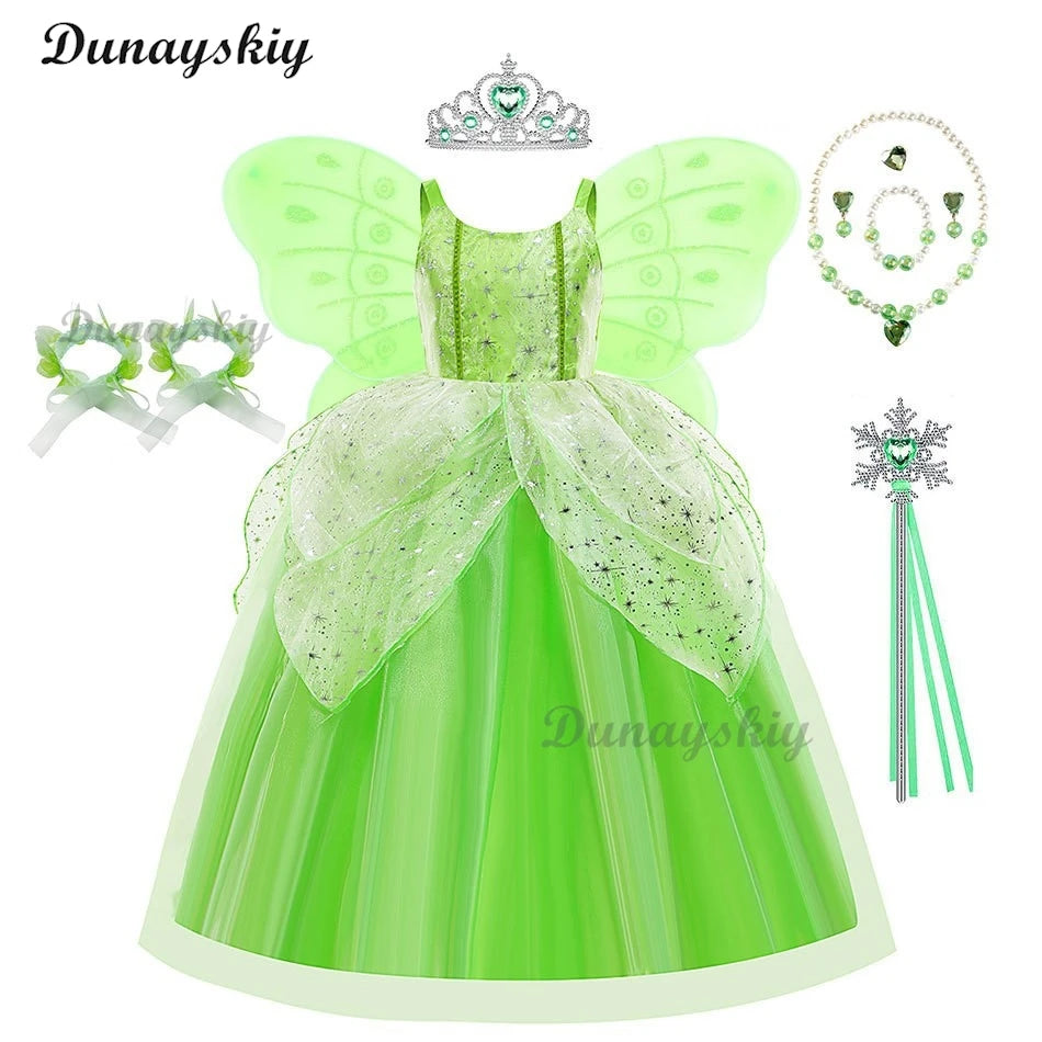 Fancy Girl Flower Fairy Tinker Green Wing Dress Bell Halloween Peter Pan Elf Cosplay costumes Masquerade Party Gowns