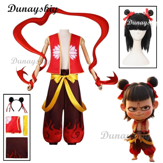 Movie Nezha Cosplay Nezha Birth of The Demon Child Cosplay Costume Red Top Outfits Ribbon Halloween Performance Cos Costumes