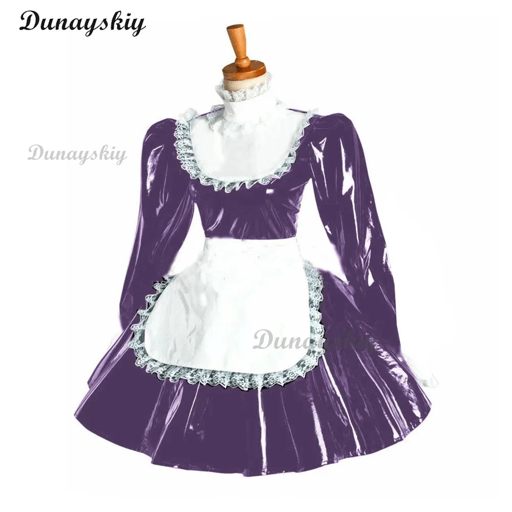 Puff Long Sleeve Gothic Mini Dress Cosplay Women Lolita Bowknot Lace Apron Dress PVC Wetlook Maid Cosplay Halloween Maid costume