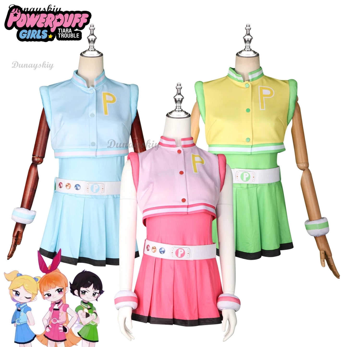 Power Cos Puff Girls Cosplay Costume Hyper Blossom Rolling Bubbles Costume Vest Coat Dress Outfit Hairband Gloves Belt Wig Women