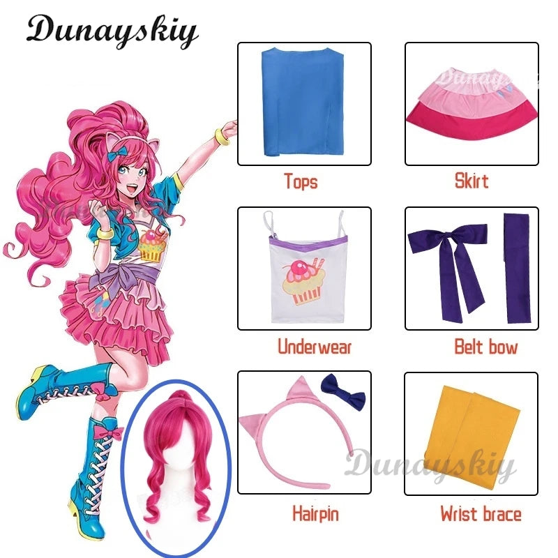 Anime Pinkie Pie Cos PP Pinkamena Diane Pie Cosplay Personification My Little Cos Cute Lovely Pink Pony Wig Wavy Curls Party