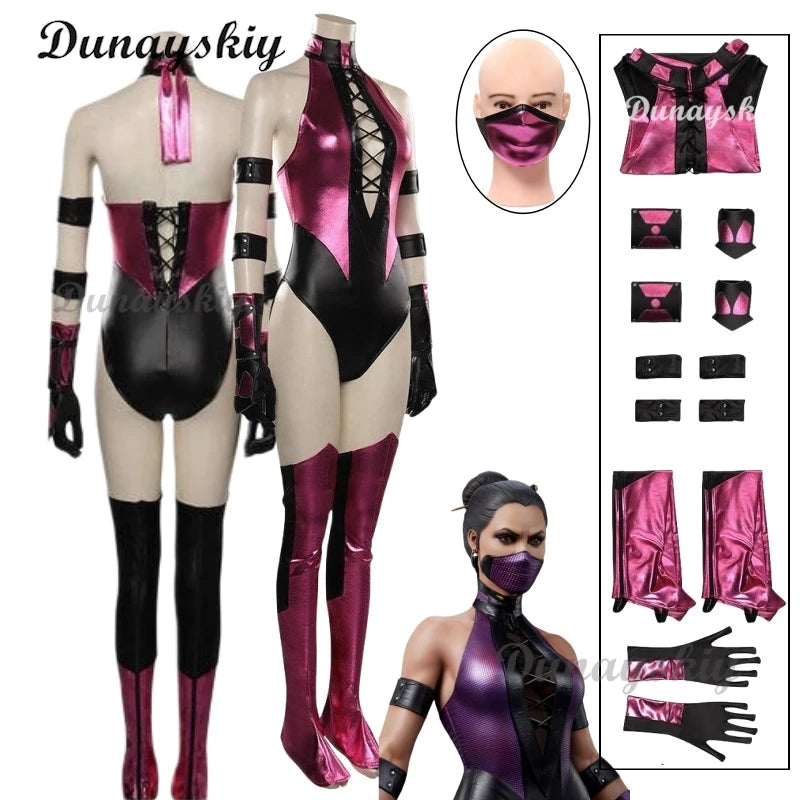 Mileena Cosplay Mortal Cos Kombat Fantasy Costume Adult Women Jumpsuit Mask Gloves Outfits Halloween Carnival Disguise Suit