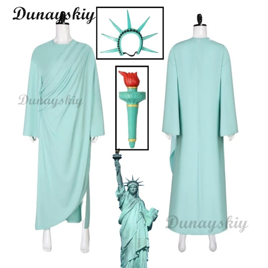 Statue of Liberty Goddess Cosplay Adult Lady Liberty Costume Sculpture Torch Patriotic Collection Halloween Party Fancy Set