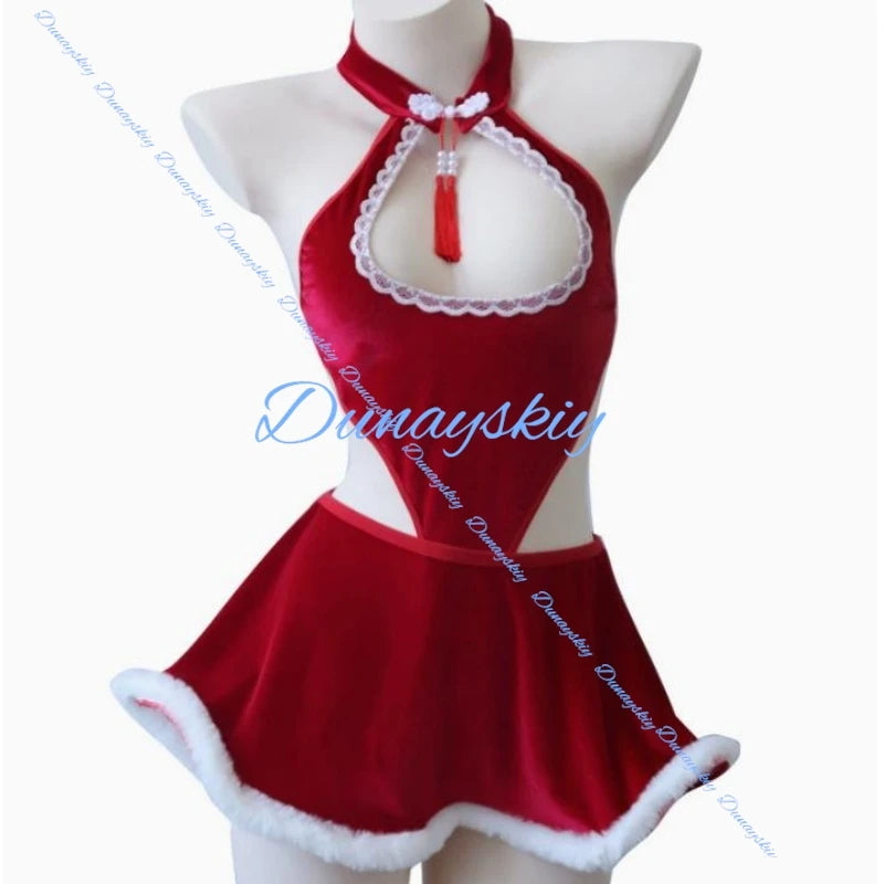 Sexy Costume Innerwear Cowl Neck Wrap Waist Cinching New Year Red Robe Polyester Fiber Women's Modern Dance Christmas Theme