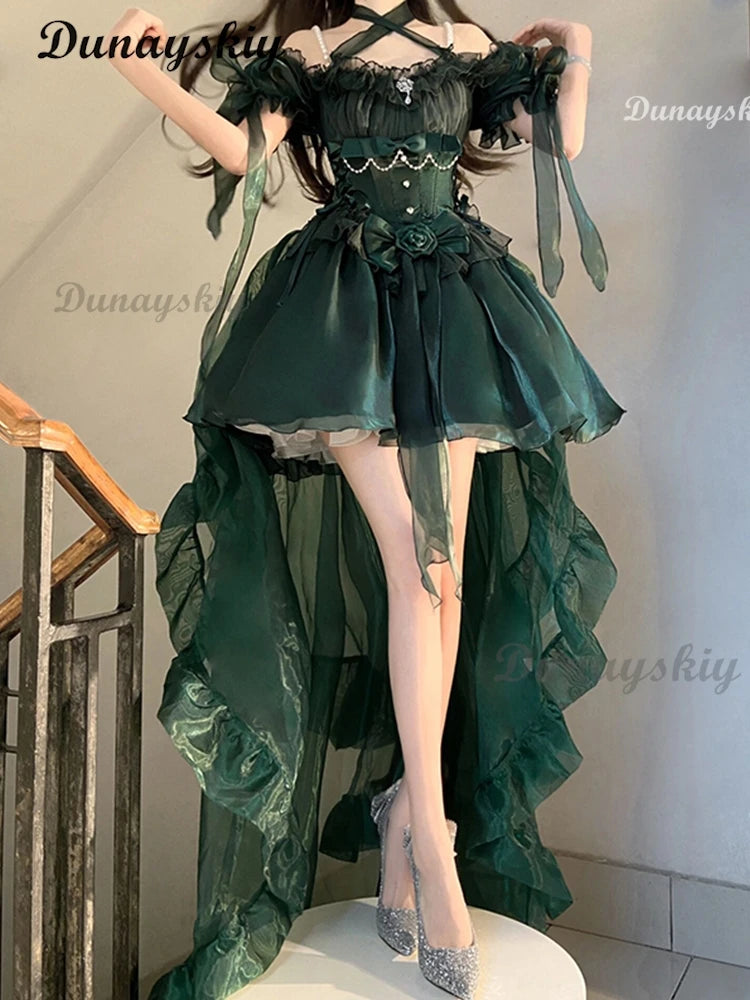 Exquisite Elegant Green Lolita Dress High Waist Slim Fit Bow Off -The-Shoulder Neck Suspender Dress Wedding Dress Customized
