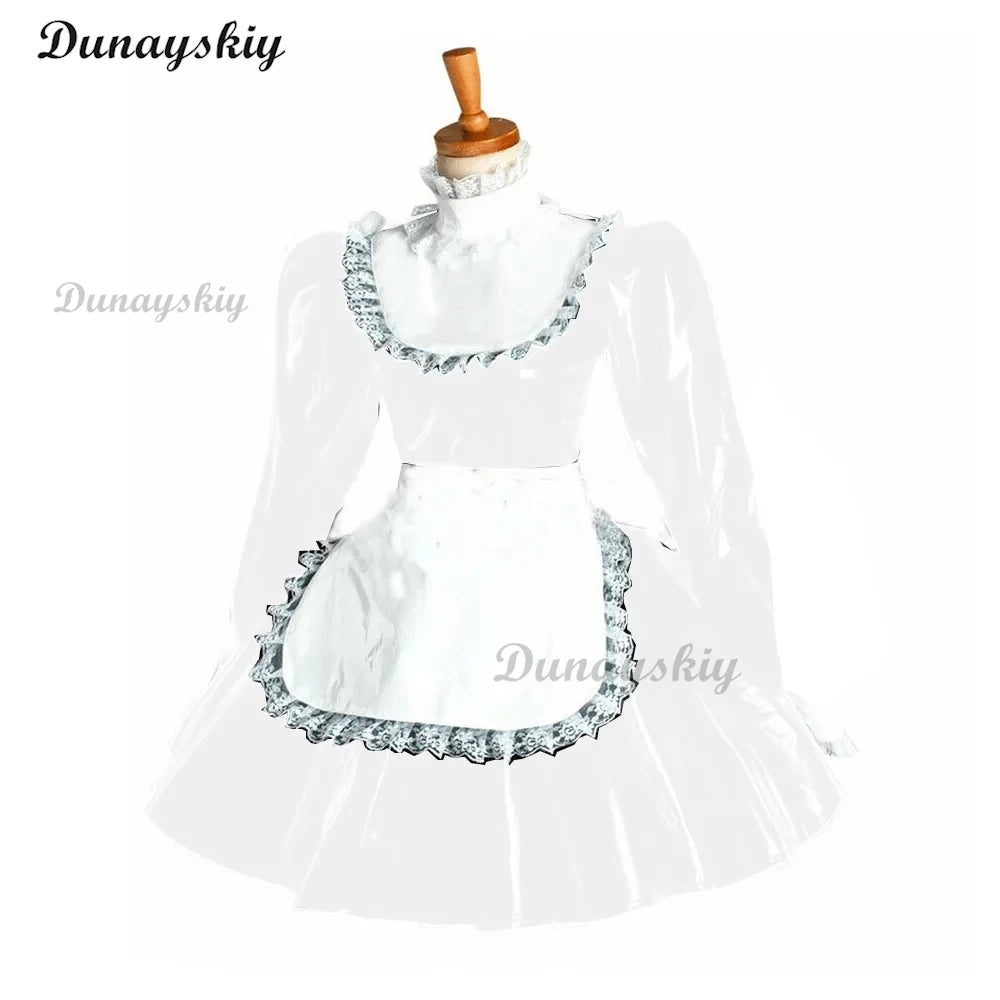 Puff Long Sleeve Gothic Mini Dress Cosplay Women Lolita Bowknot Lace Apron Dress PVC Wetlook Maid Cosplay Halloween Maid costume