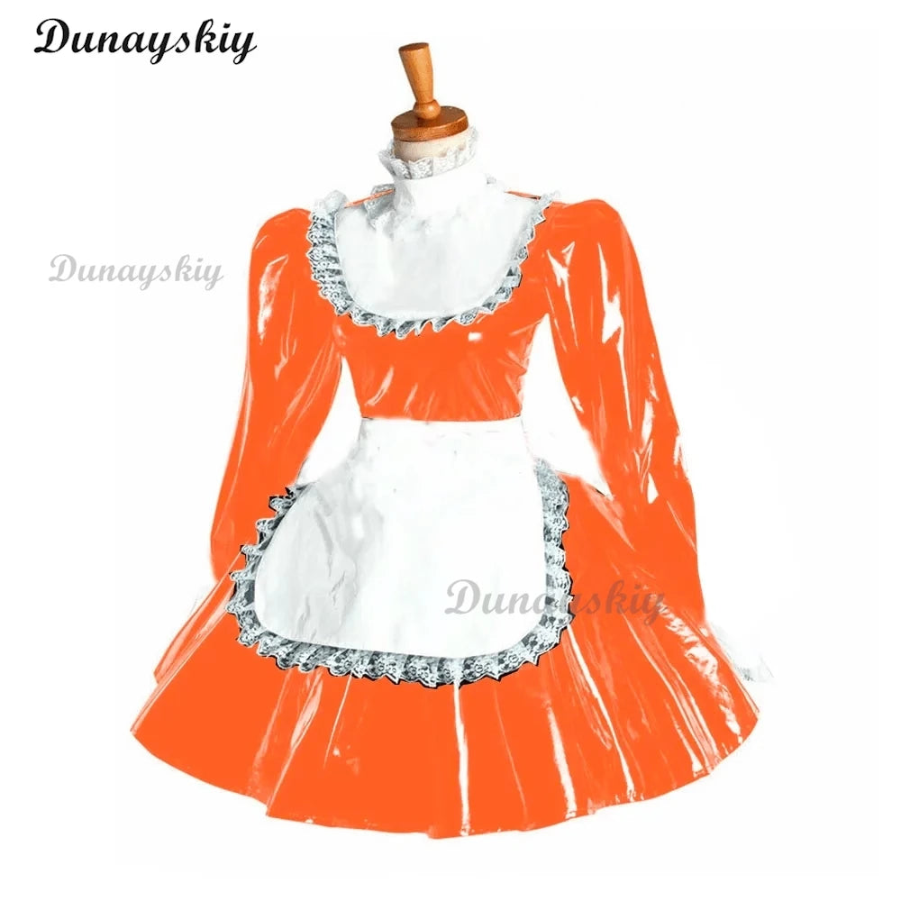 Puff Long Sleeve Gothic Mini Dress Cosplay Women Lolita Bowknot Lace Apron Dress PVC Wetlook Maid Cosplay Halloween Maid costume