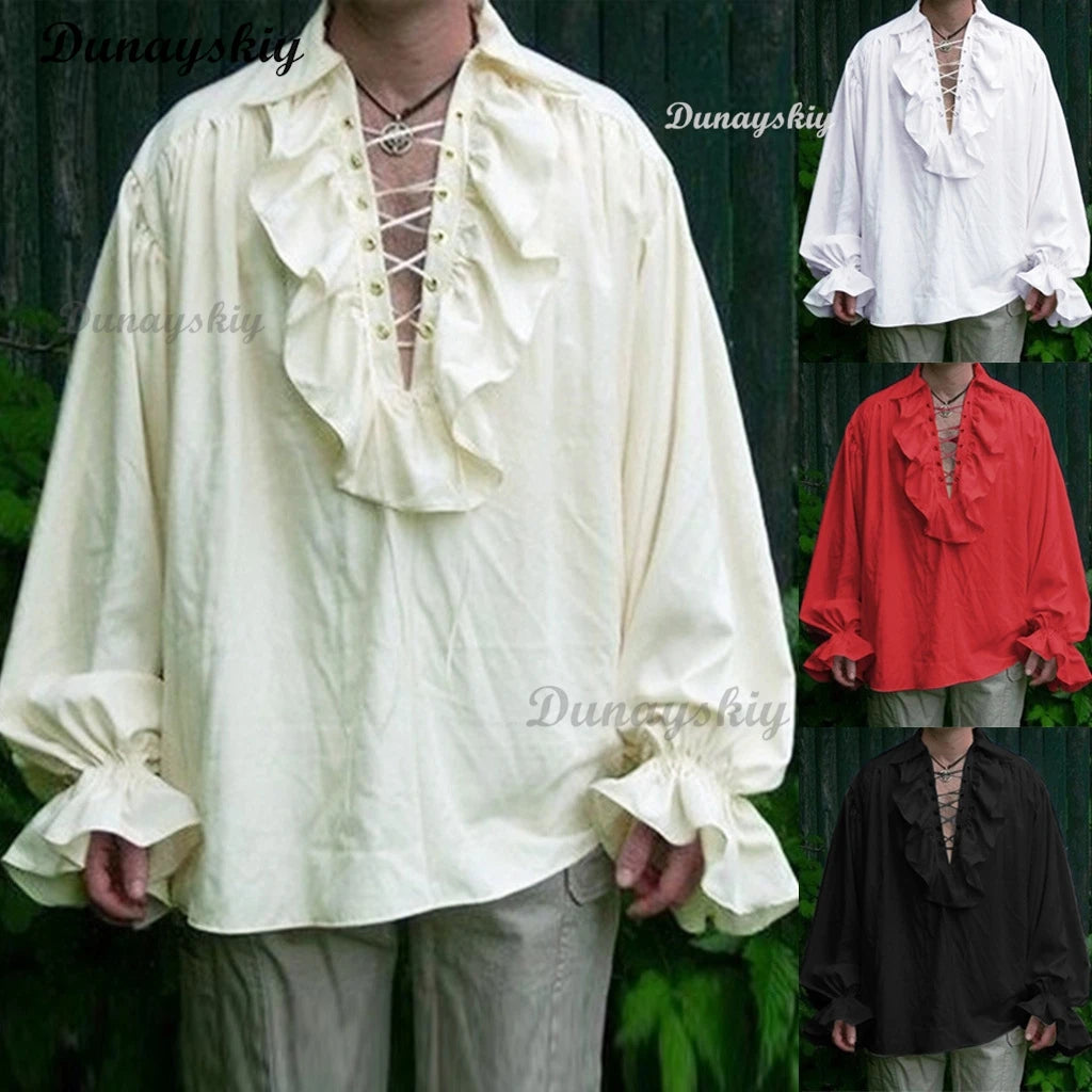 Medieval Adults Renaissance Costume Ruffled Shirts Long Sleeve Lace Up Steampunk Pirate Men Shirt Cosplay Stage Costume forWomen