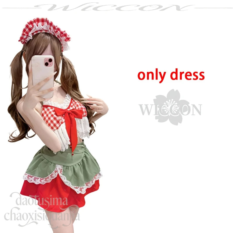 Sexy Strawberry Halter Two-Piece Short Skirt Jirai Kei Cosplay Costume Cute Anime Lolita Original Design Girls Christmas Party
