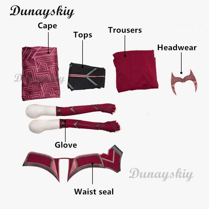 P-Jsmen Female Wanda Maximoff Cosplay Costume Scarlet Witch Headwear Cloak and Pants Full Set Outfit Halloween Accessories Props