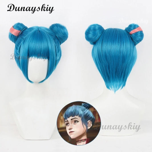 Anime Arcane Jinx Cosplay Wig Powder Cosplay Wig Bun Wig Blue Highlights Short For Halloween Party Role Play Suit