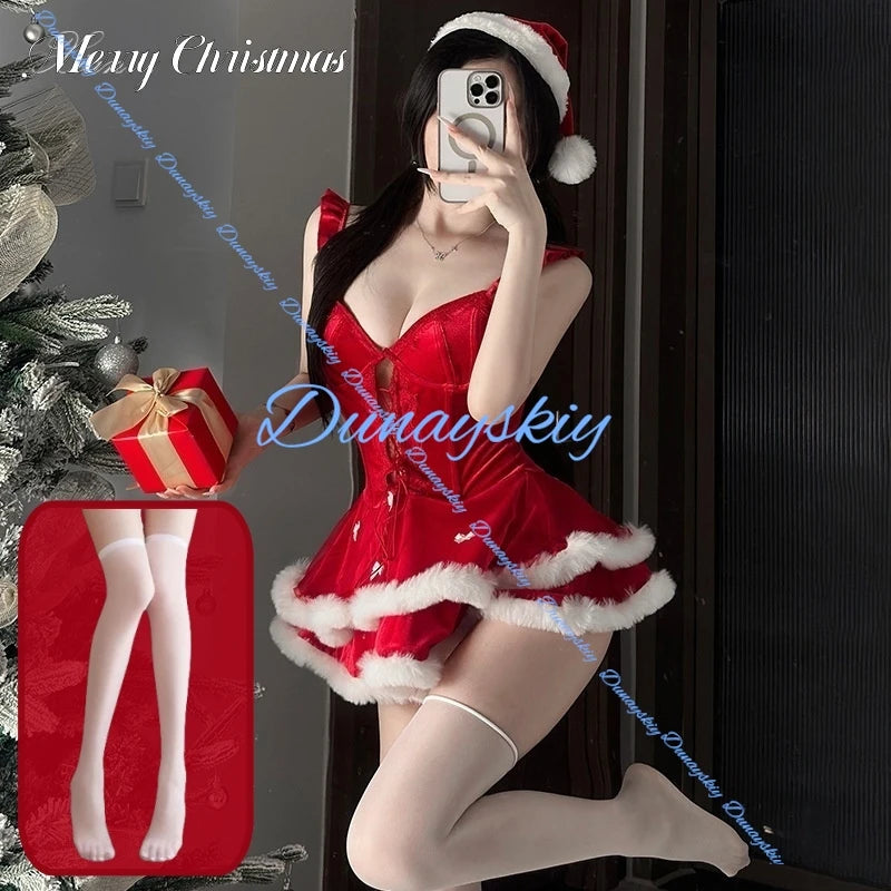 Sexy Christmas Cat Costume Suit Women's Sleepwear Pure Red Dress Chest Illusion Outwear Halloween Christmas Uniform