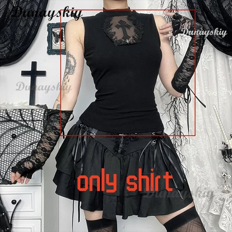 Black Gothic Lace Trim Long Sleeve T-Shirts Women Vintage Sexy Lace-up Square Collar Tops Japanese Fashion Y2k Subculture Tees