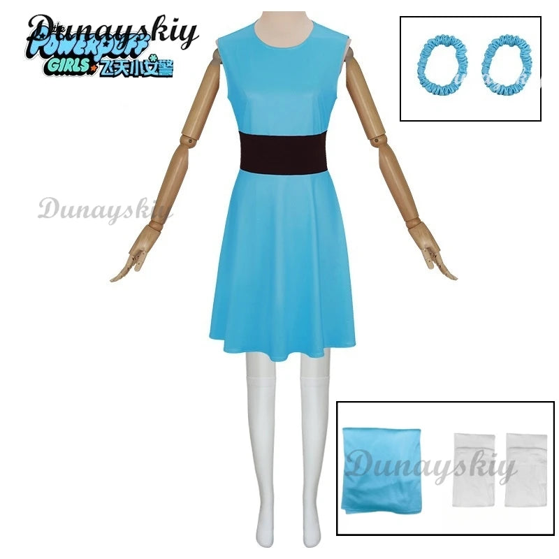 Powerpuff Cosplay Girls Costume Dress Set Blossom Buttercup Bubbles Costume Dress Women  Belt Set Halloween Fancy Dress