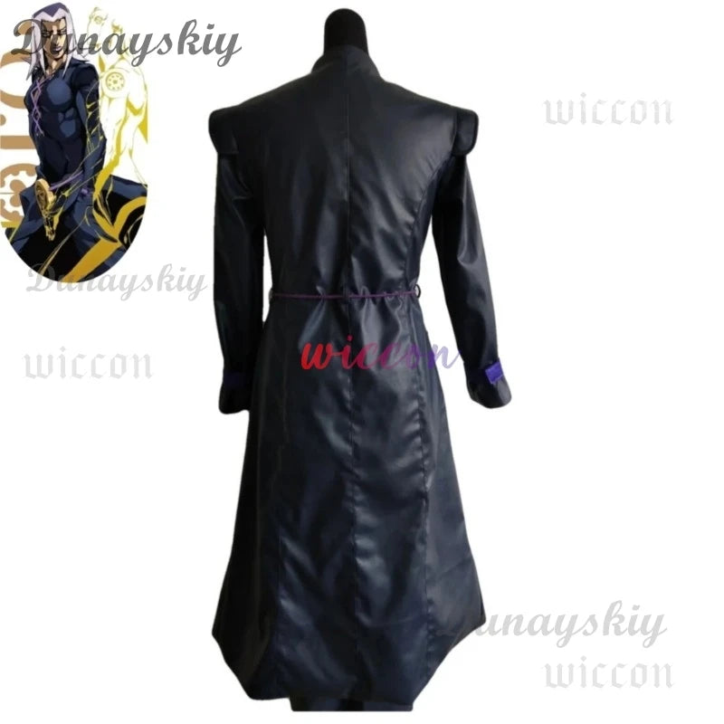 Anime JOJO's Bizarre Adventure Golden Wind Leone Abbacchio Cosplay Costume Black PU Long Coat Uniform Wig Man Carnival Suit