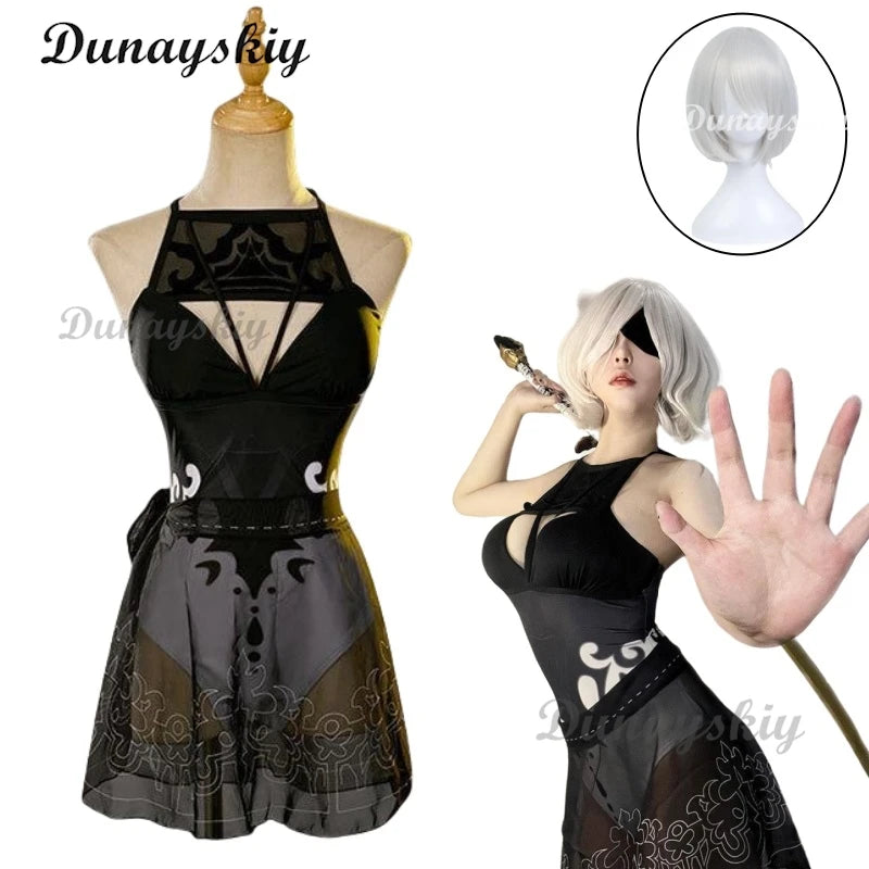 Anime Game Nier Automata Yorha 2B Cosplay Costume Sexy Hollow Two Piece Bikini Swimsuit Halter Neck Swimwear Bathing Customized