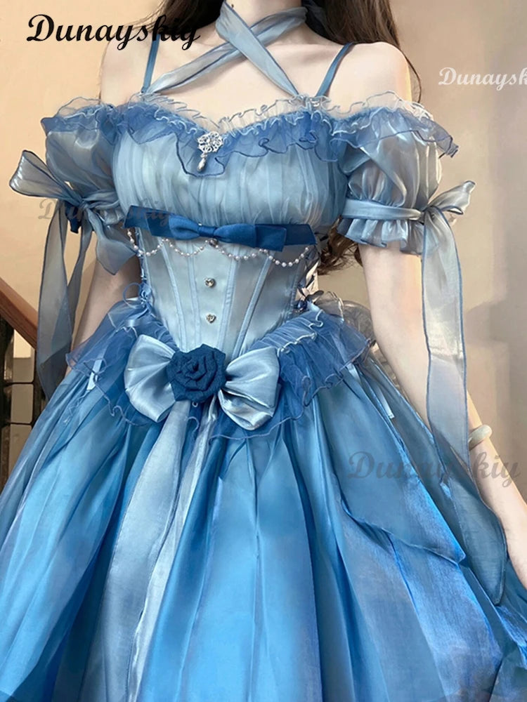Blue Flower Wedding Lolita Dress Light Lo on the Run Elegant Big Lady Beautiful Puff Short Skirt Fairy Princess Party Customized
