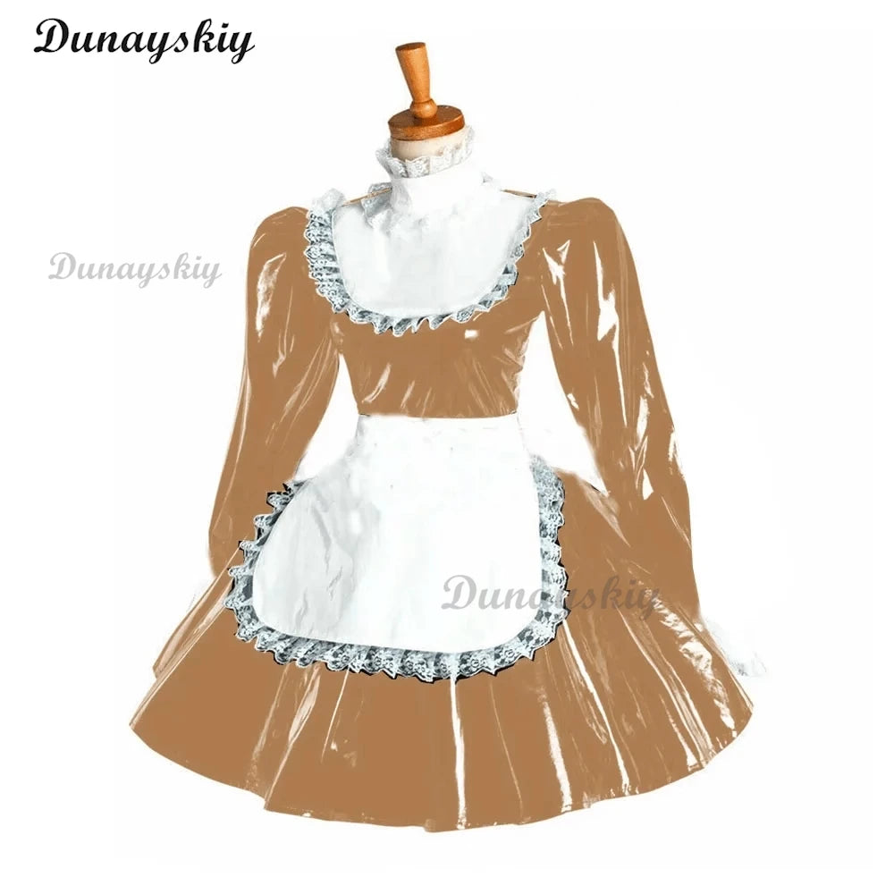 Puff Long Sleeve Gothic Mini Dress Cosplay Women Lolita Bowknot Lace Apron Dress PVC Wetlook Maid Cosplay Halloween Maid costume