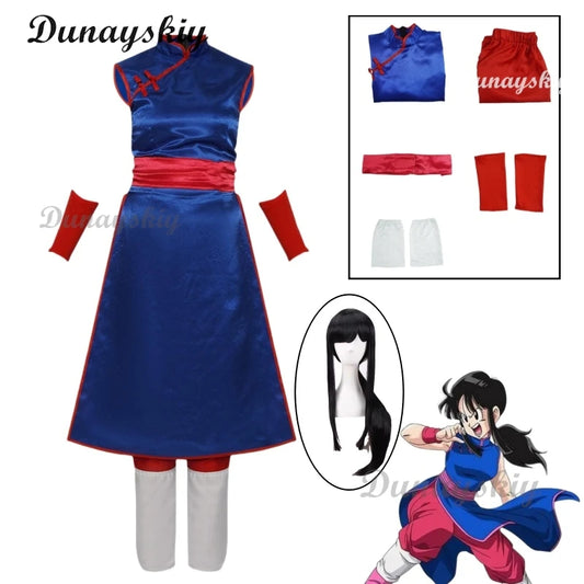 Anime Chichi Cheongsam Son Goku Cosplay Costume Wig Blue Dresses Woman Halloween Carnival Cosplay Chichi Clothes Customized