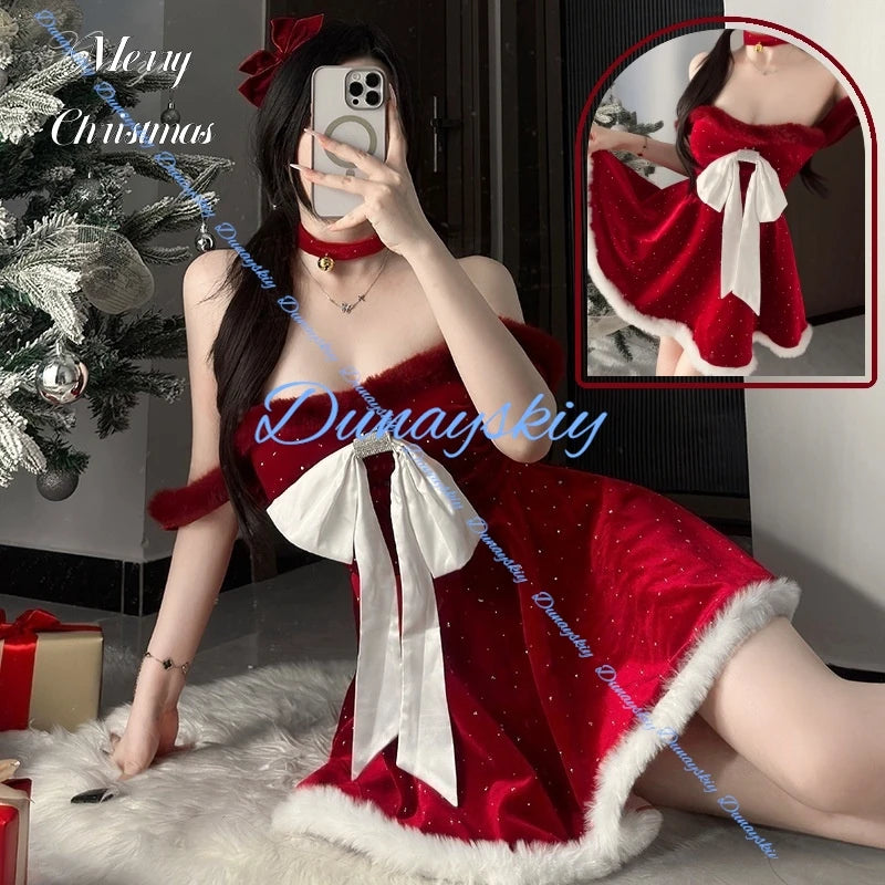 Sexy Velvet Christmas Costume Red Dress Role-playing Dreamy Festive Outfit Women's Modern Dance Special Use Clothing
