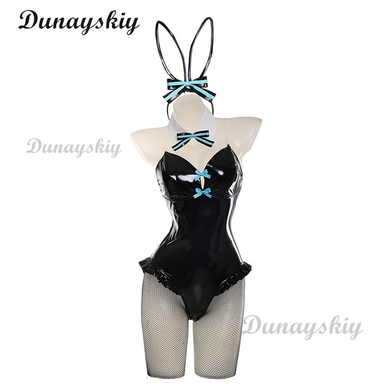 Anime Chuyin Rabbit Cosplay hole Black Leather Bunny Girl Sexy Cute Halloween Cosplay Costume Headdresses Clothes Bows girl Wig
