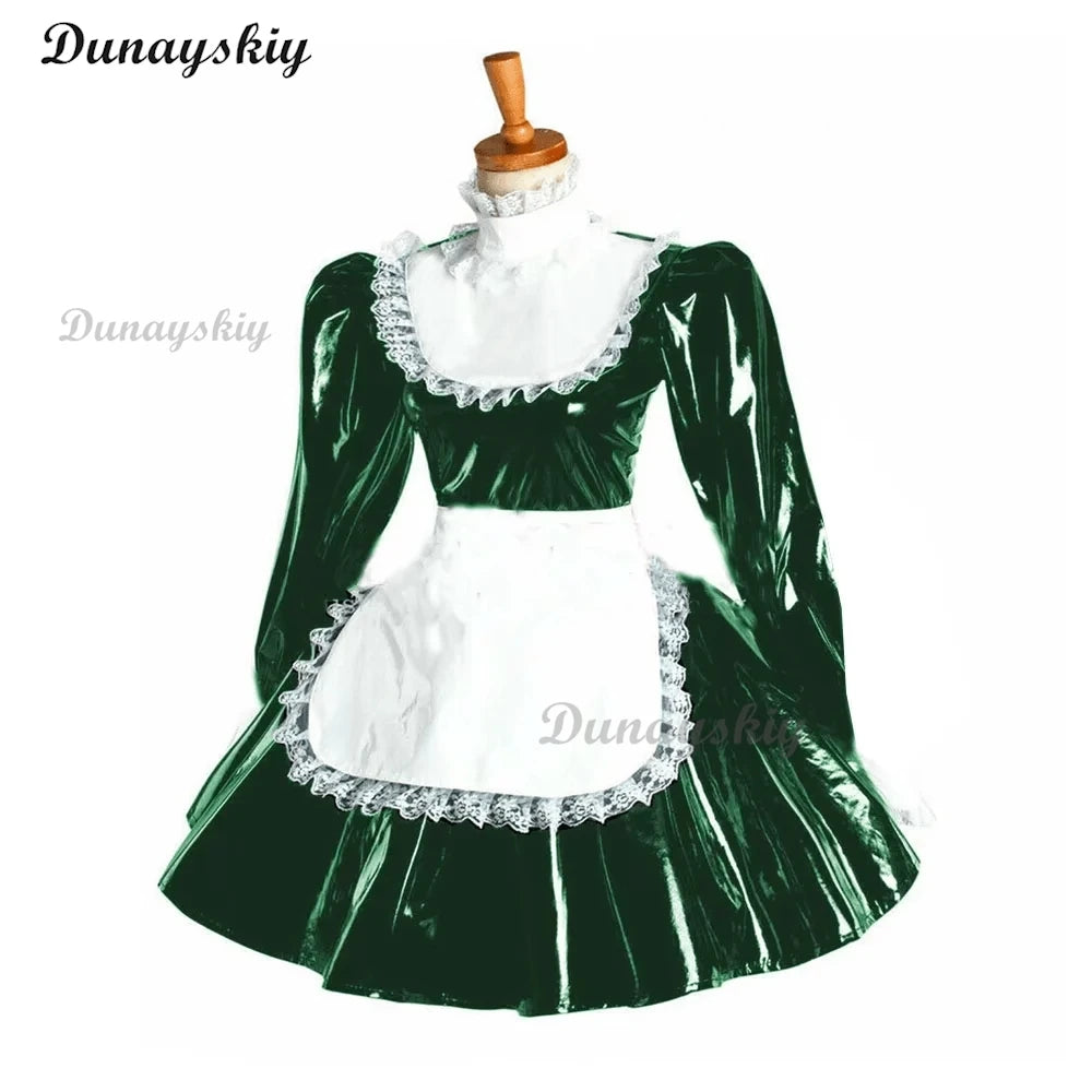 Puff Long Sleeve Gothic Mini Dress Cosplay Women Lolita Bowknot Lace Apron Dress PVC Wetlook Maid Cosplay Halloween Maid costume