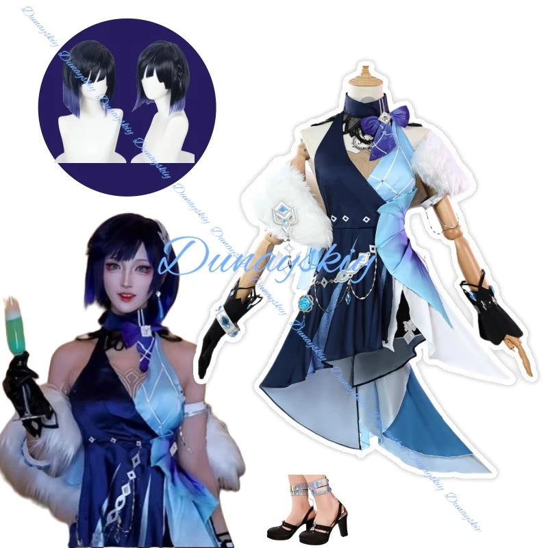 Genshin Impact Yelan Tranquil Banquet Cosplay Costume Set – Wig & High Heels Included | Sexy Women's Outfit for Halloween Parti