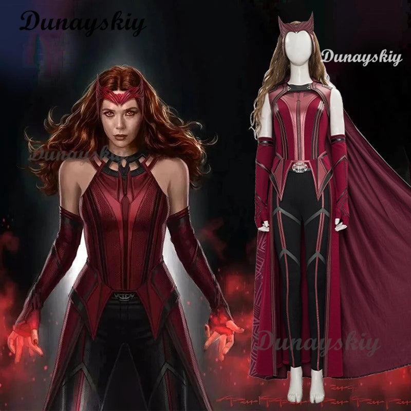 P-Jsmen Female Wanda Maximoff Cosplay Costume Scarlet Witch Headwear Cloak and Pants Full Set Outfit Halloween Accessories Props