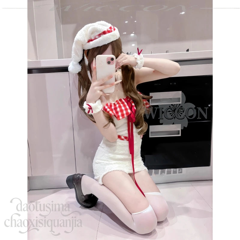 Cute Fluffy Plaid Lace Halter Off-shoulder Bodycon Mini Dress Kawaii White Lolita Cos Original Design Christmas Event Party
