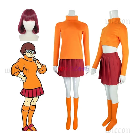Anime Velma Seragam Cosplay Kostum Orange Short Skirt Uniform Wanita Oranye Kaus Kaki Rok Atas Halloween Party Carnival Set