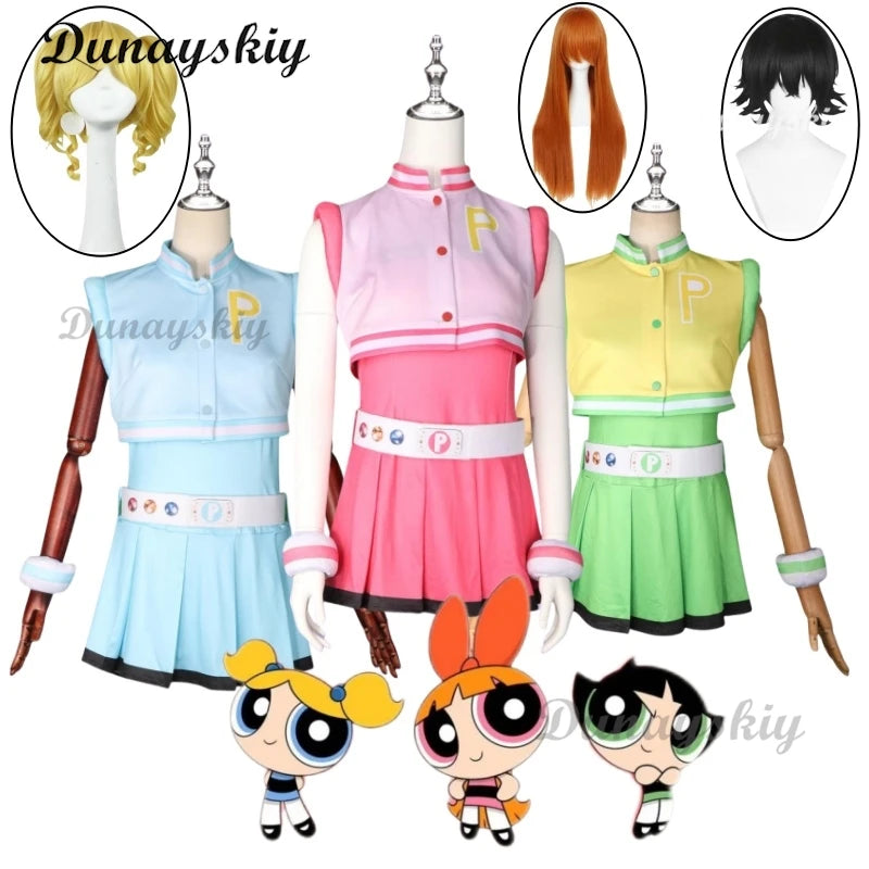 Power Cos Puff Girls Cosplay Costume Hyper Blossom Rolling Bubbles Costume Vest Coat Dress Outfit Hairband Gloves Belt Wig Women