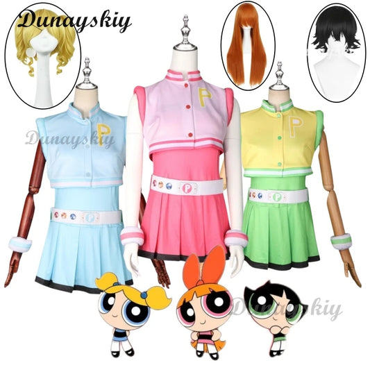 Power Cos Puff Girls Cosplay Costume Hyper Blossom Rolling Bubbles Costume Vest Coat Dress Outfit Hairband Gloves Belt Wig Women