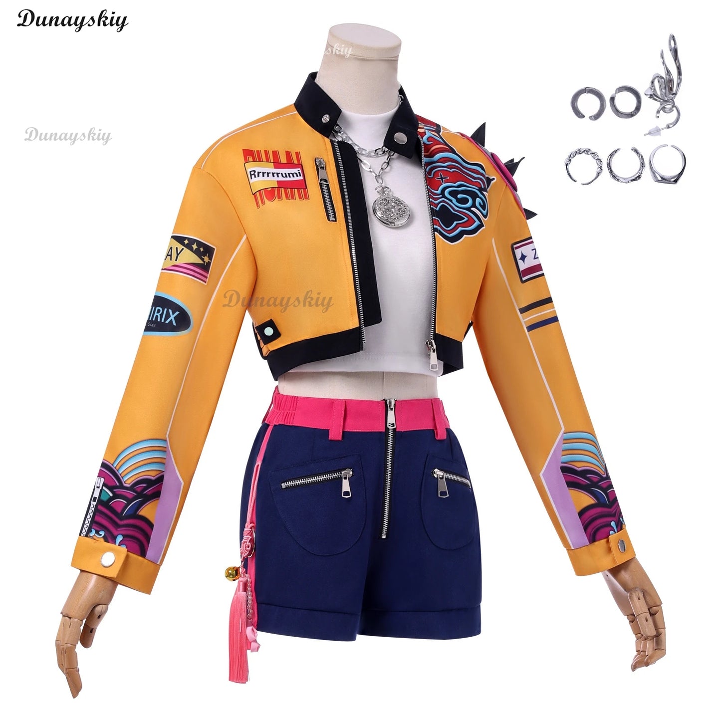 Superstar Rumi Cosplay Costume Wig Anime KPop Demon Hunters Cos Necklace Earrings Girl Group Suit Women Halloween Party Roleplay