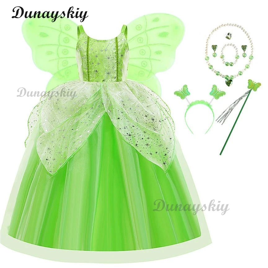Fancy Girl Flower Fairy Tinker Green Wing Dress Bell Halloween Peter Pan Elf Cosplay costumes Masquerade Party Gowns