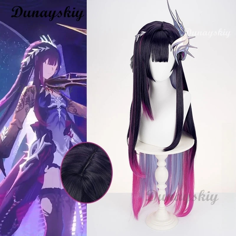 Honkai: Star Rai Hysilens Cosplay Wig Game Helektra Cosplay Wig Black Purple And Red 100cm Long Hair Wig For Halloween