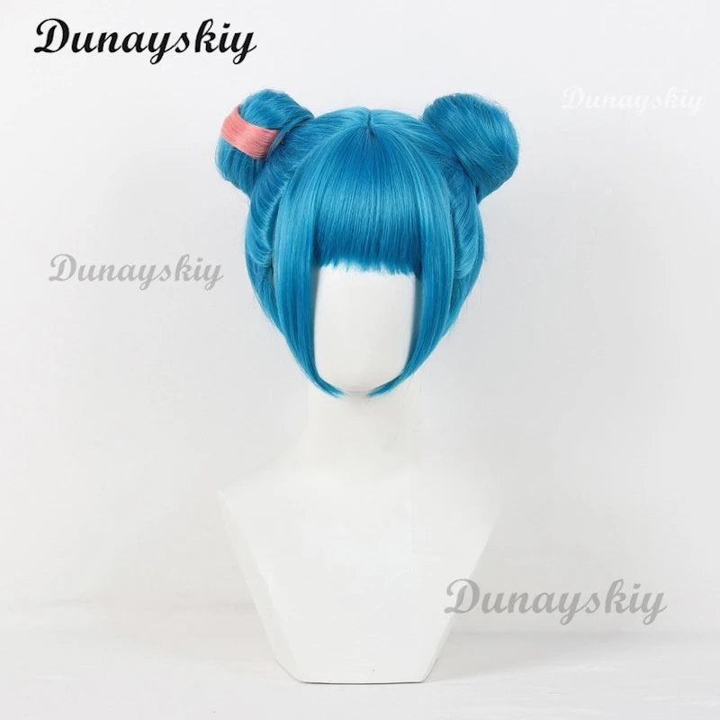 Anime Arcane Jinx Cosplay Wig Powder Cosplay Wig Bun Wig Blue Highlights Short For Halloween Party Role Play Suit