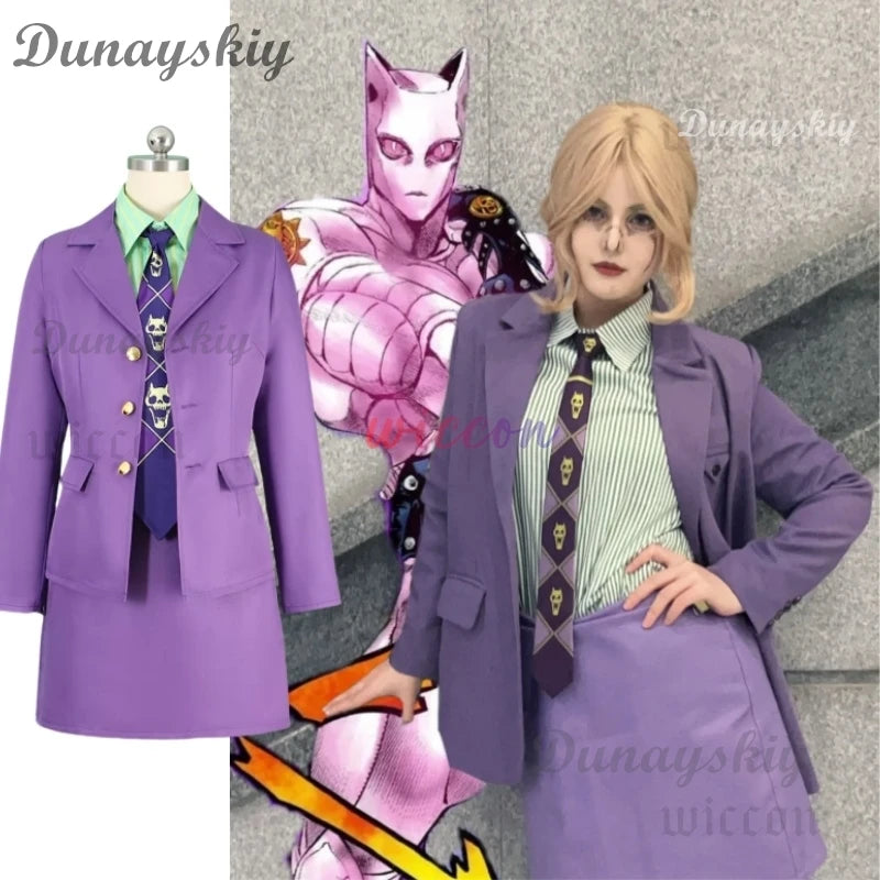 Anime JoJo's Bizarre Adventure Kira Yoshikage Cosplay Costume Female  Purple Style Female Coat Shirt Skirt Woman Sexy Party Suit
