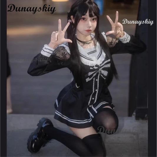 Jirai Kei Sailor Black Dress Lace Patchwork Slim Fit Dresses Japanese Sweet Inner Shorts Set JK School Uniform for Women Girls