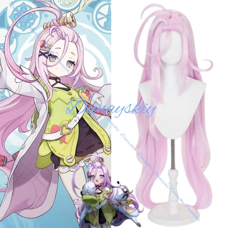 Genshin Impact Aino Cosplay Wig Long Pink Hair Clink-Clank Krumkake Craftshop Heat Resistant Fiber Hair Halloween for Women Girl