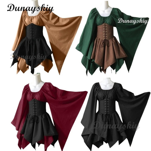 Medieval Vintage Fairy Elf Costume Halloween Cosplay Palace Victoria For Women Princess Bandage Christmas Ptachwork Party Dress