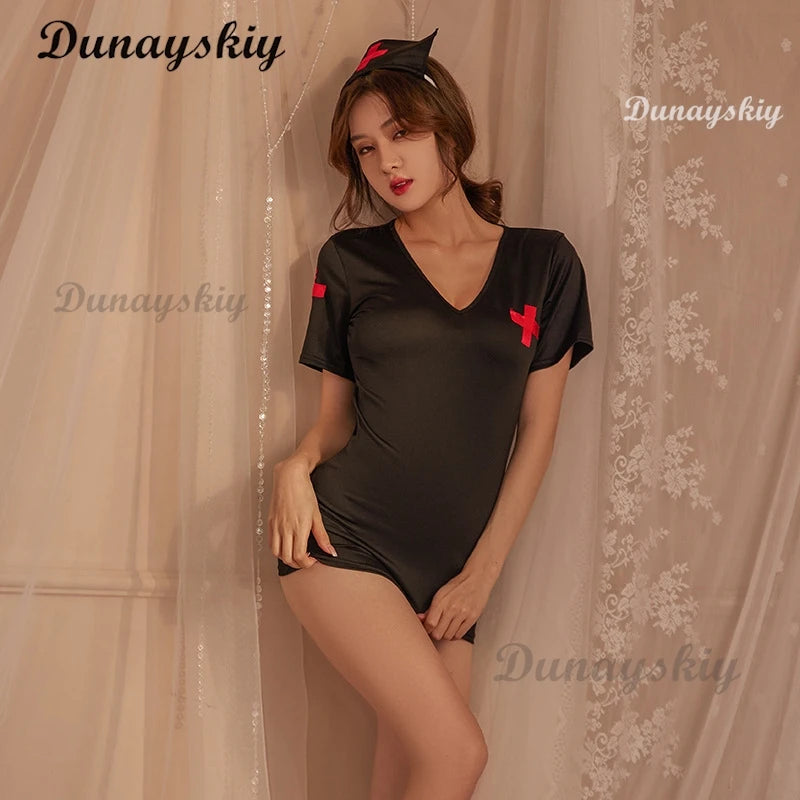 Temptation Nurse Outfit Cosplay Costume Sex Underwear Hip-Length Pink Black White Sexy Hot Nurse Lingerie Cosplay Women Charming